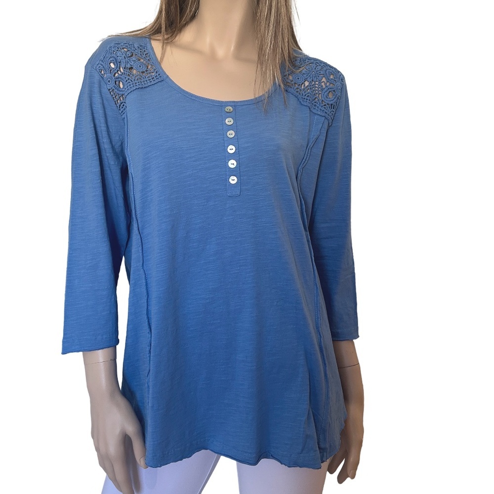 Tribal Jeans Top Blouse Tunic100% Cotton Embroidered Lace Button Front
